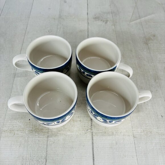 Pfaltzgraff ORLEANS Blue Green Vines Yellow Stoneware Flat 8oz Cups Mugs Set 4 - Picture 7 of 16